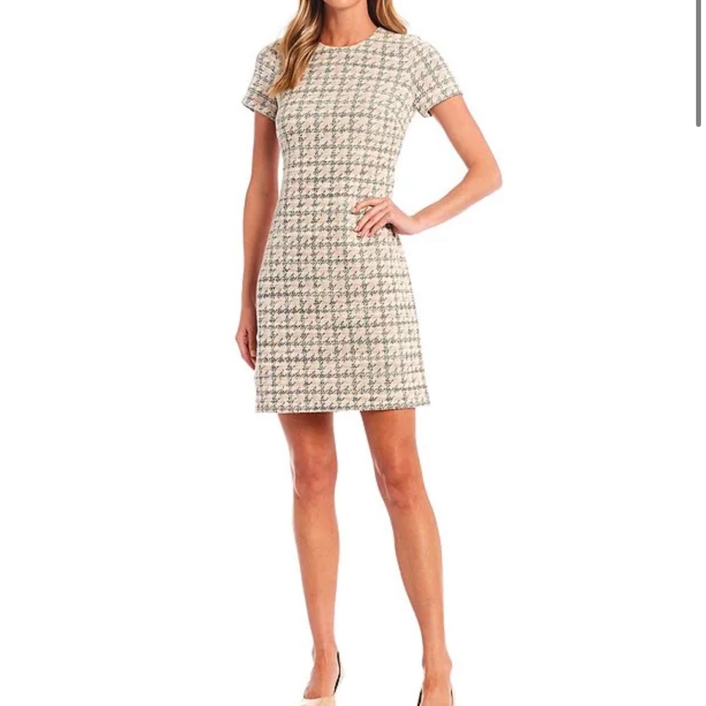 Short Sleeve Crew Neck Houndstooth Machine Washable Shift Dress